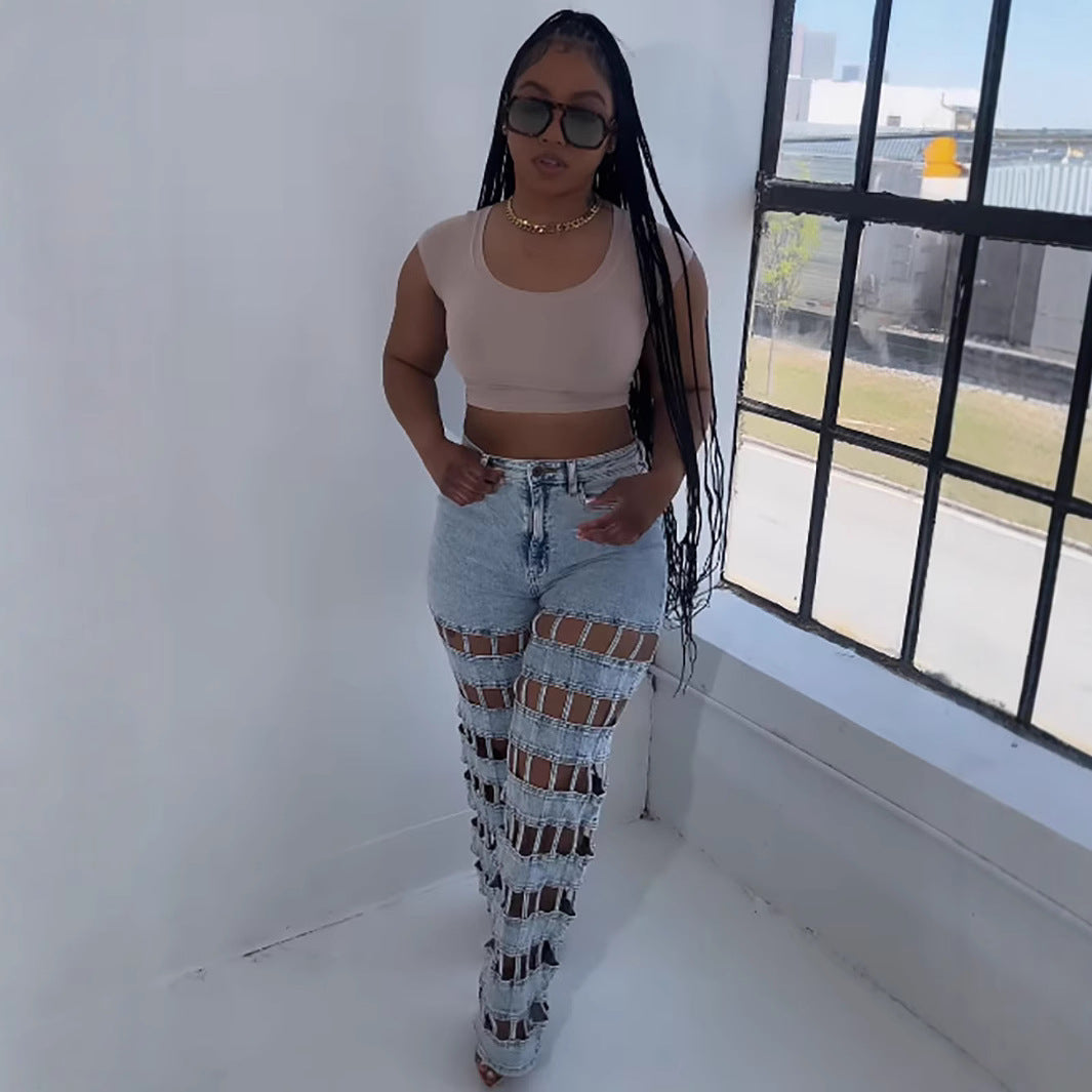 Women trendy hollow ripped checkered denim pants 6