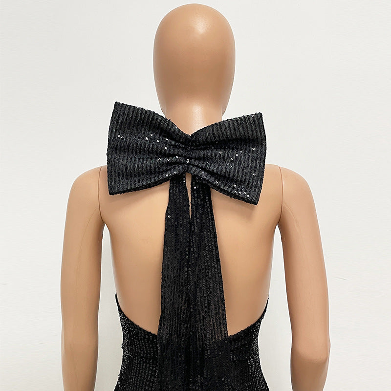 Women sequin split Halter Neck big bow Maxi Evening Dress 28