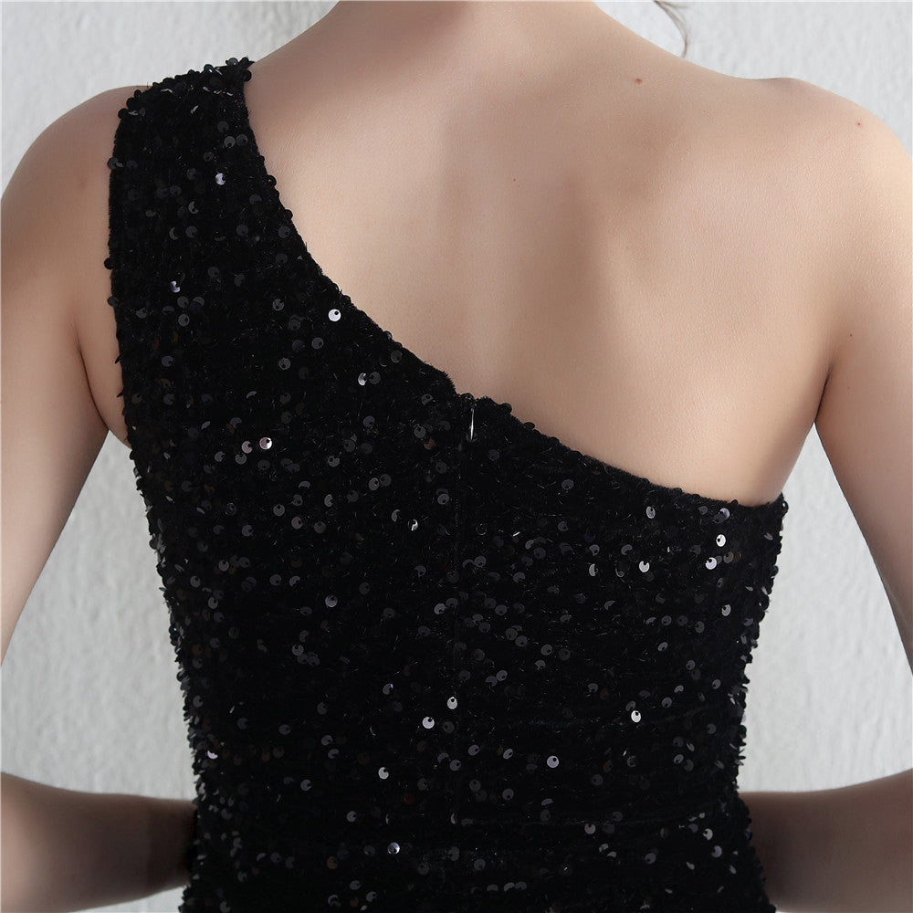Velvet Sequin Magic Multi-Color One Shoulder Party Wedding Dinner Mermaid Long Evening Gown 21