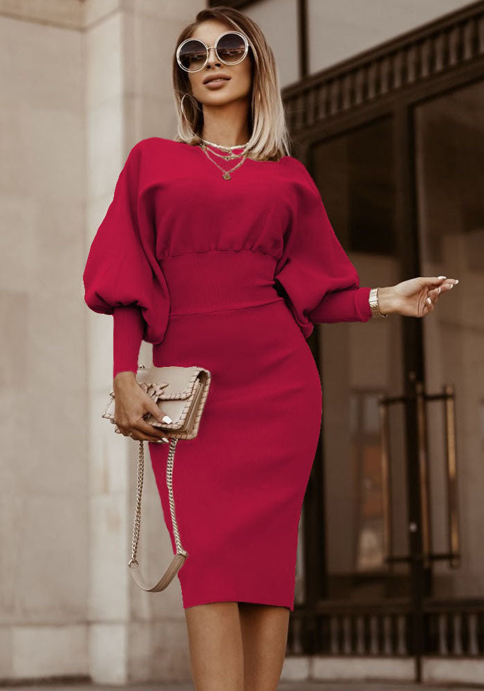 Autumn And Winter Women'S Solid Color Lantern Sleeves Slim Waist Midi Bodycon Dress
