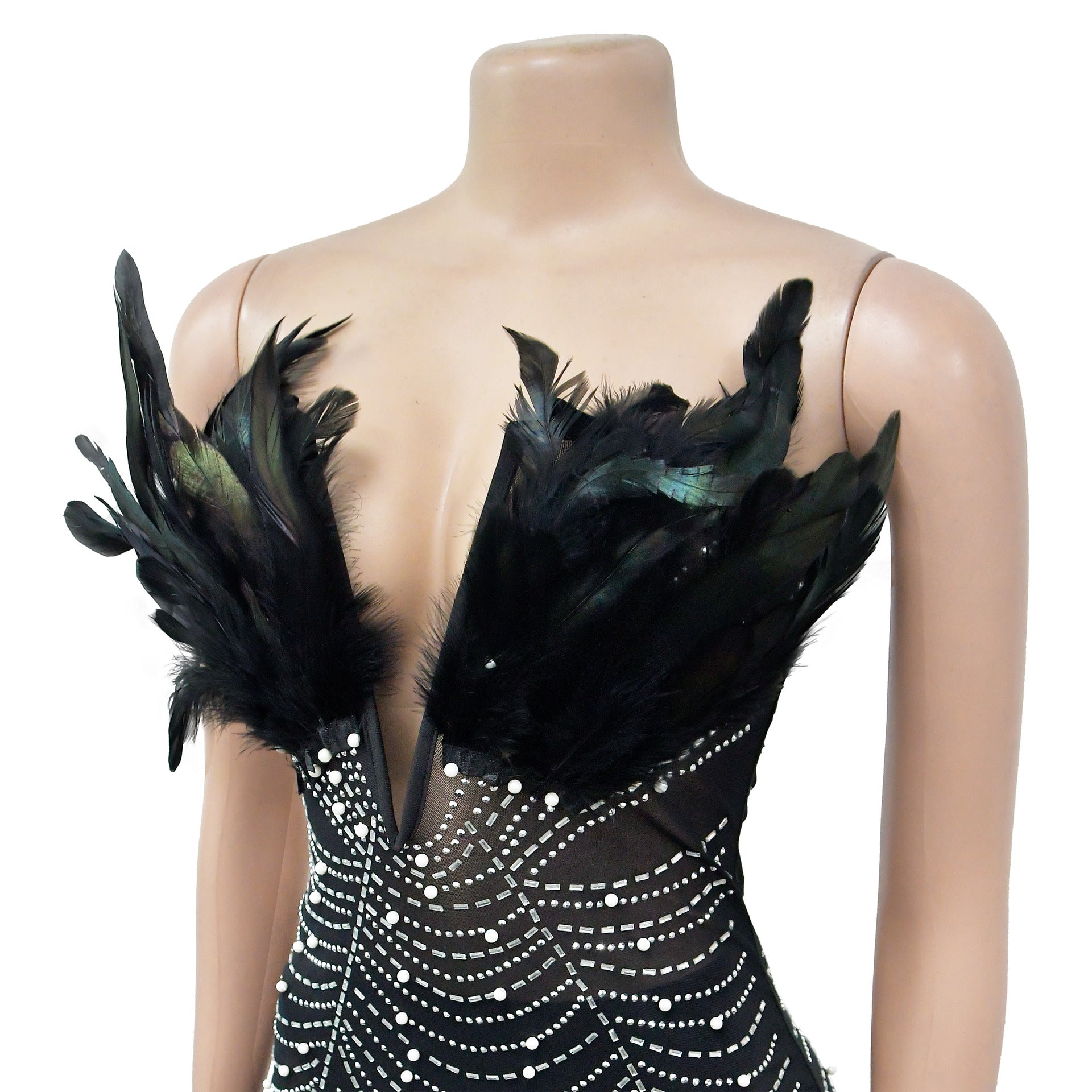 Fashion Women's Solid Color Mesh Beaded Feather Dress 22