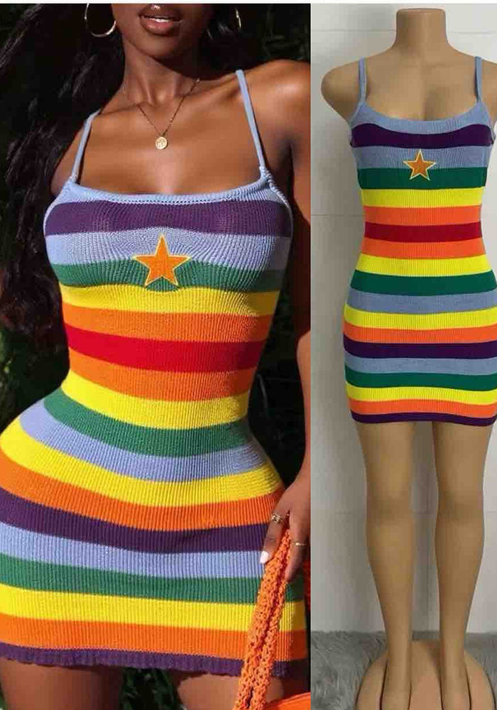 Summer Cute Girl's Strappy Sleeveless Rainbow Stripes Vest Dress