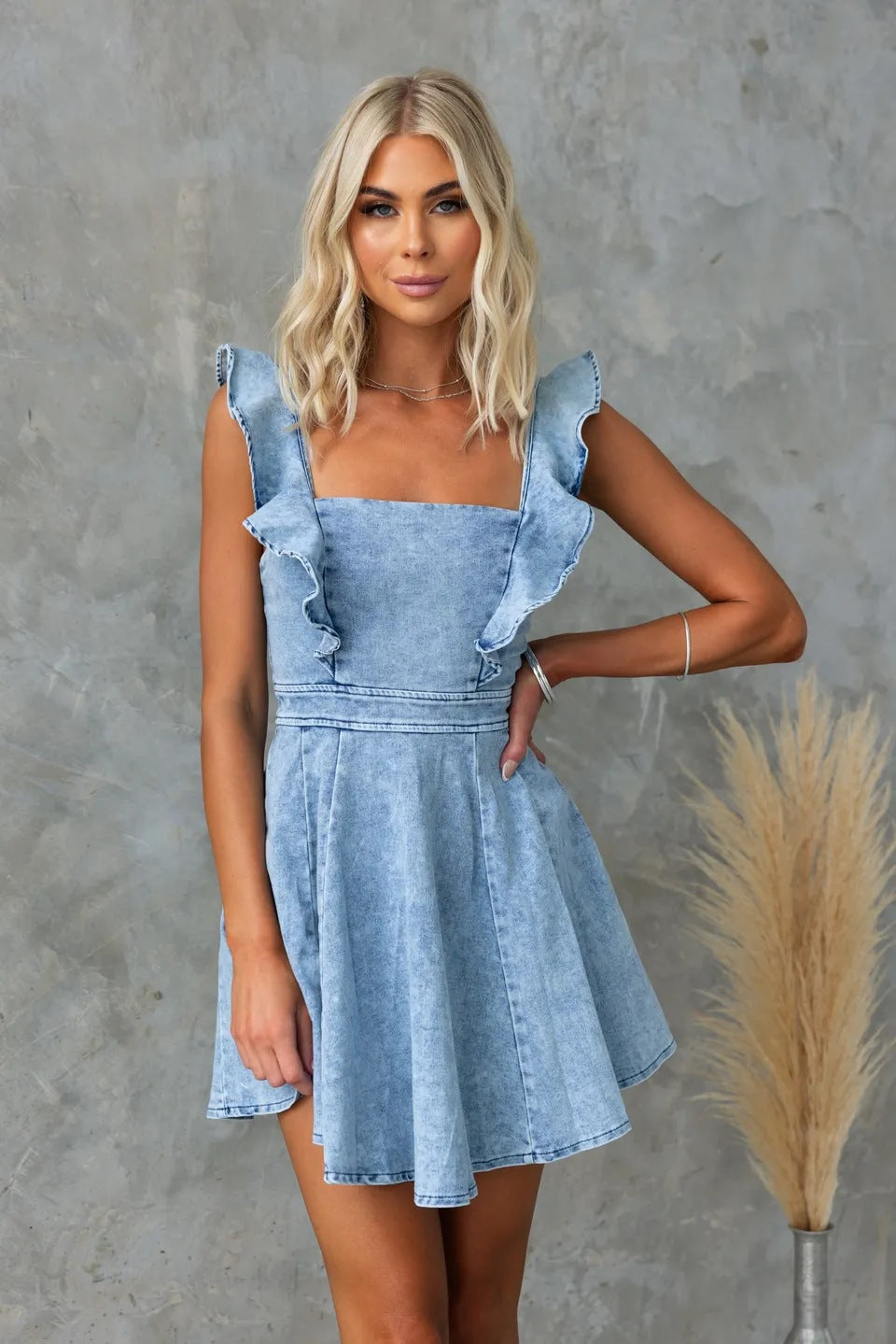 Women's Summer Fashion Casual Fly Sleeve Low Back Denim Dress 8