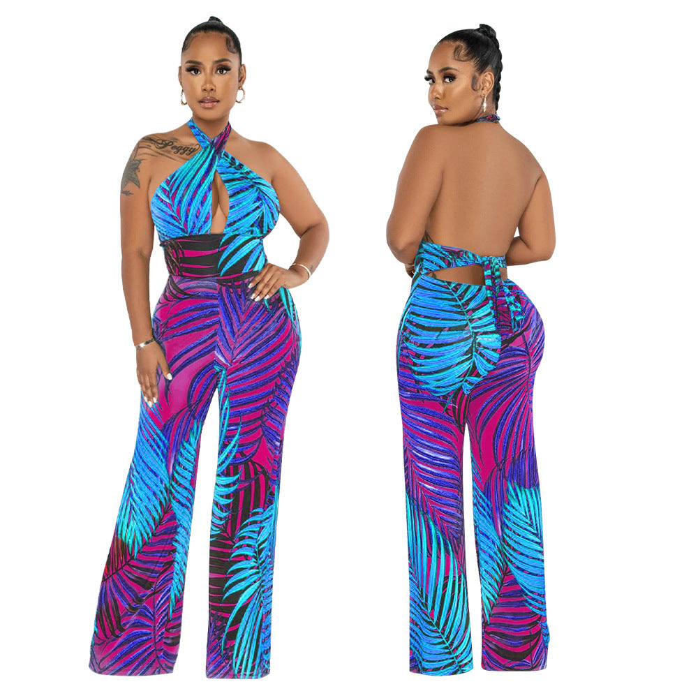 Women Sexy Backless Lace-Up Print Sleeveless Jumpsuit 5