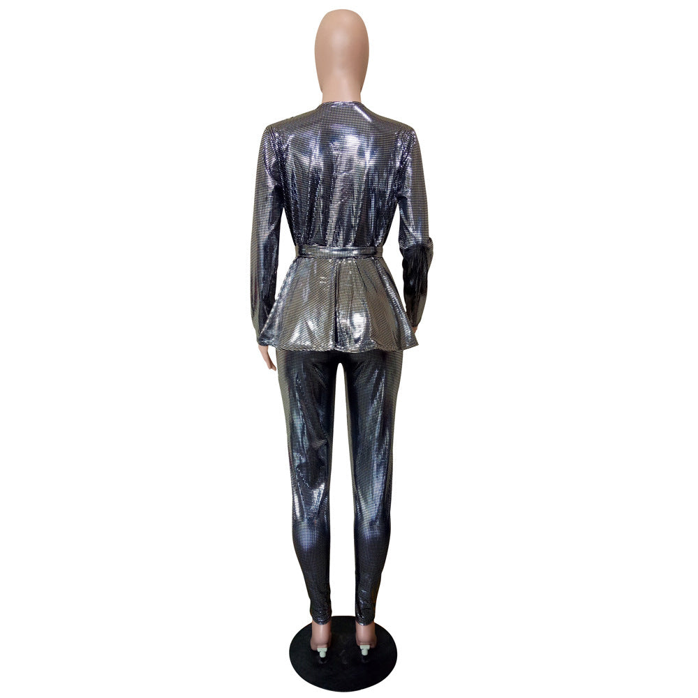 Women'S Slim Fashion Shiny Long Sleeve Suit With Belt 18