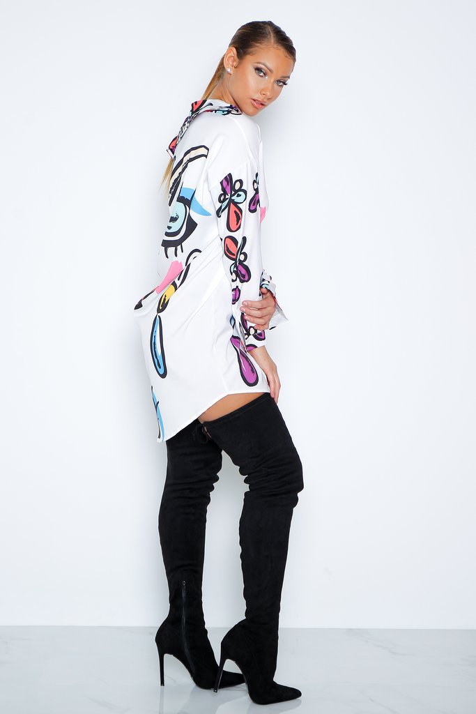 Summer TurndownCollar Print Human Head Long Sleeve Irregular Shirt 5