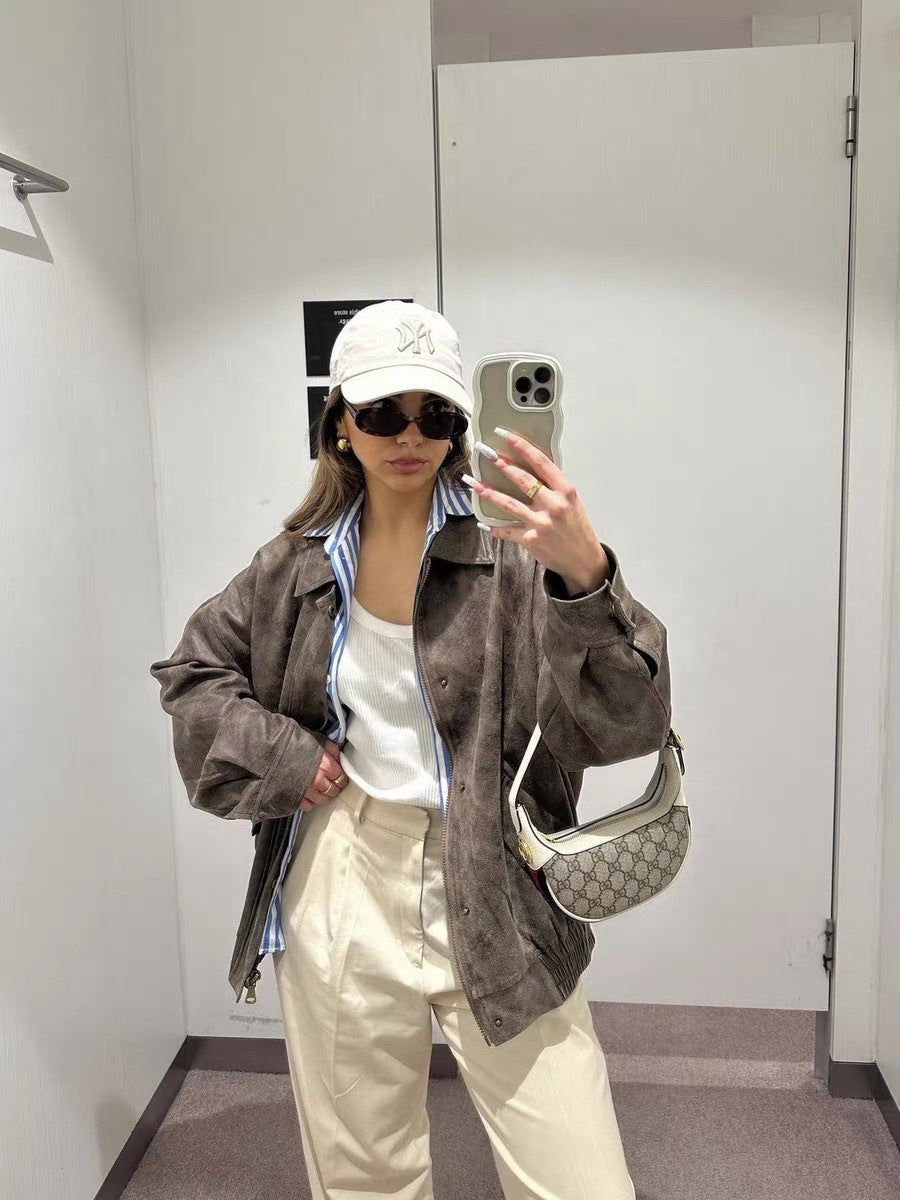 Women American Retro Loose PU-Leather Flight Jacket 4