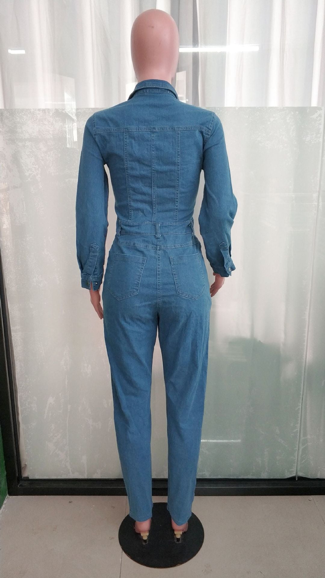 Slim Fit Long Sleeve Tiny Foot Washed Denim Jumpsuit 7