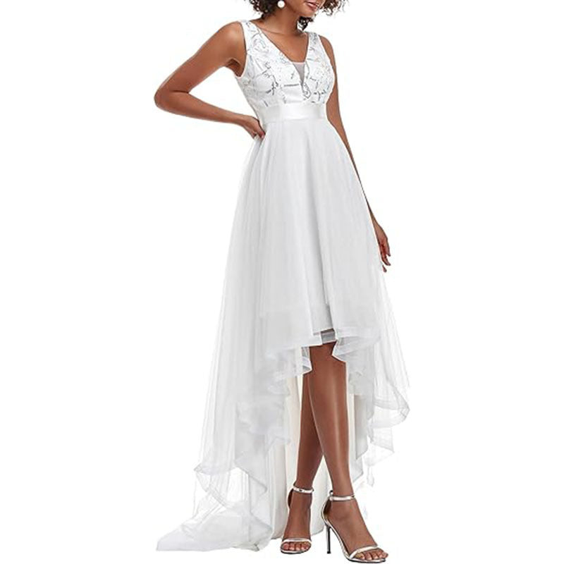 Summer Women's Evening Dress Sequined V-Neck Sleeveless High-Low A-Line Party Dress （Processing time need 3-6 days） 4