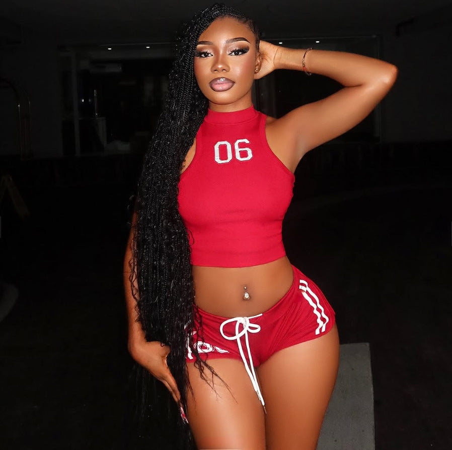 Women American Tank Top Shorts Sports Two-Piece Set 7