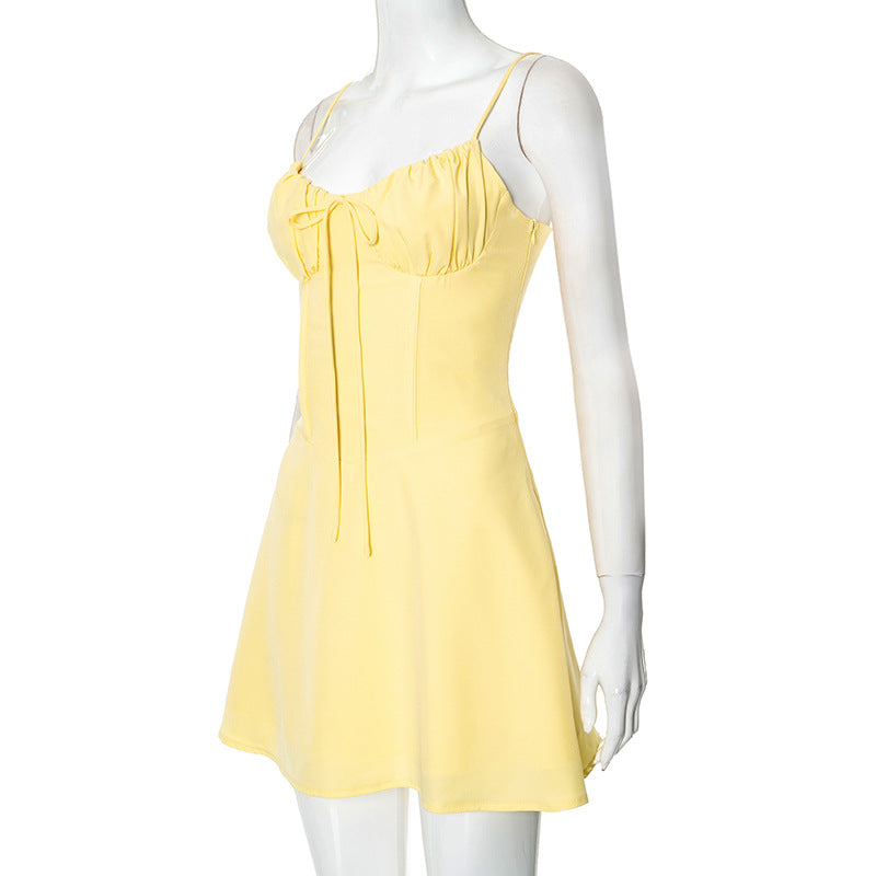 Women Lace Gathered Suspender Lace-Up Dress 7