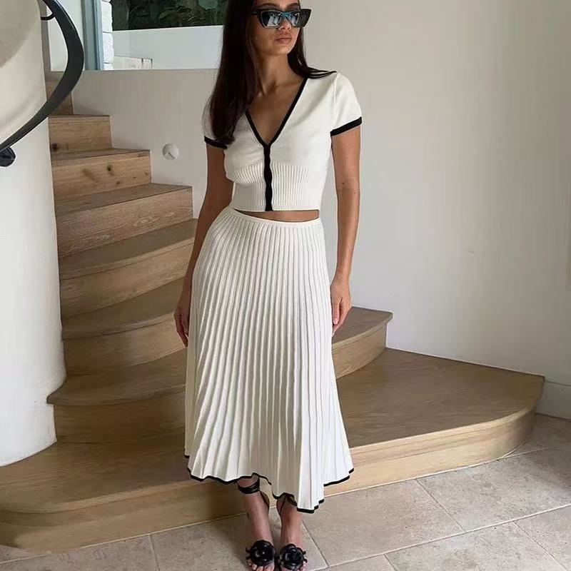 Women Spring and Summer Elegant Short Sleeve Top and Skirt Two-piece Set 7