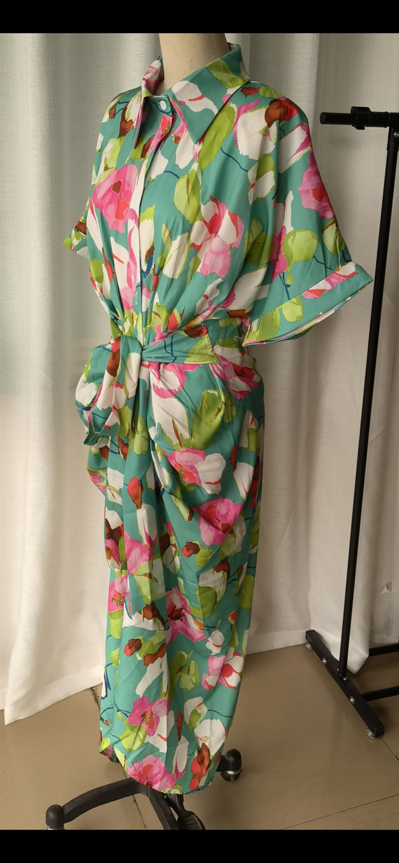 Women Loose Printed Strappy Irregular Button Shirt Casual Dress 10