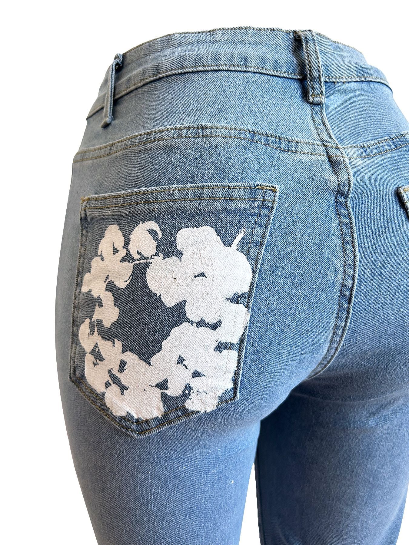Women's Fashion Stretch Denim Fabric Flower Print Denim Trousers 13