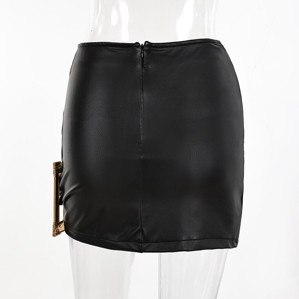 Women sexy irregular gold button pu leather skirt 8