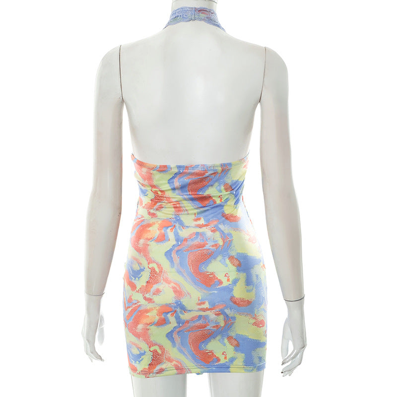 Women's Print Lace Patchwork Cross Halter Neck Bodycon Short Dress 8