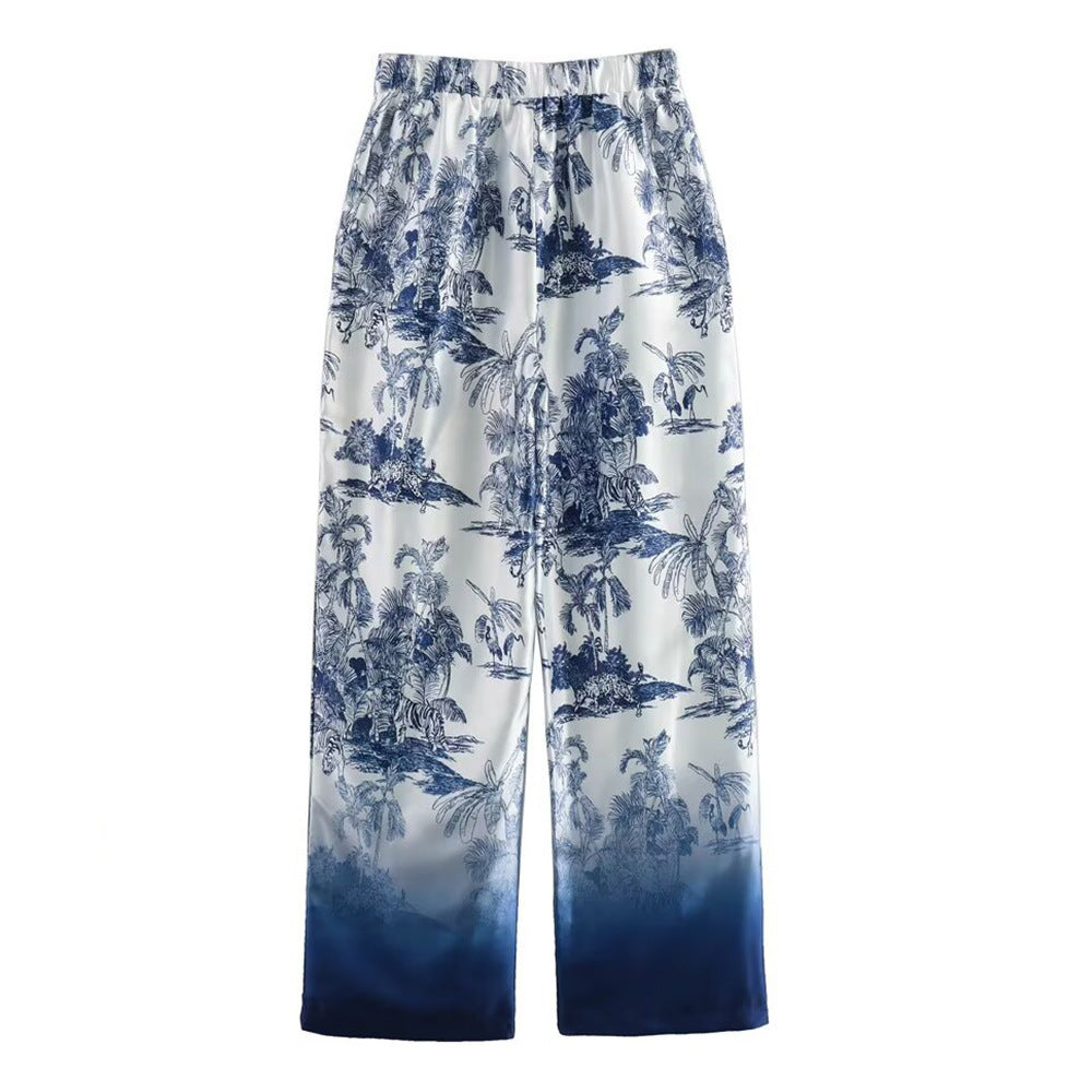 Summer Women loose long-sleeved printed shirt And Pant two-piece set 7