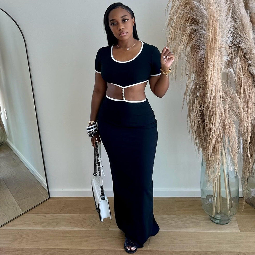 Women Summer Contrast Color Cut Out Round Neck Dress