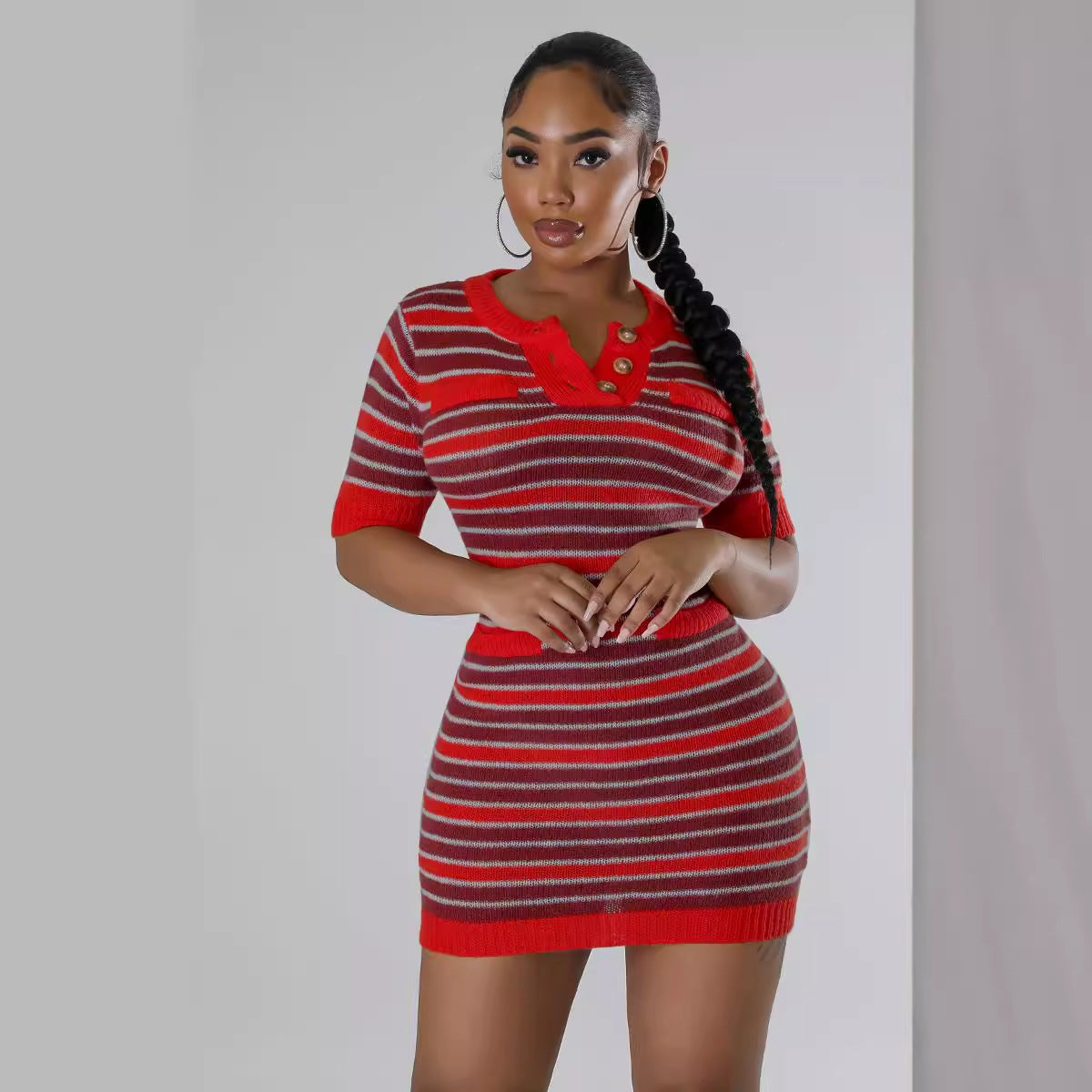 Women Round Neck Striped Knitting Short Sleeve Dress 8