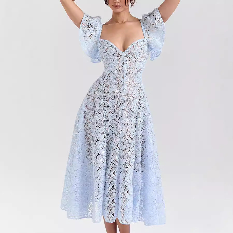 Women Spring Autumn Lace Ruffle Sleeve Casual Loose Party Dress