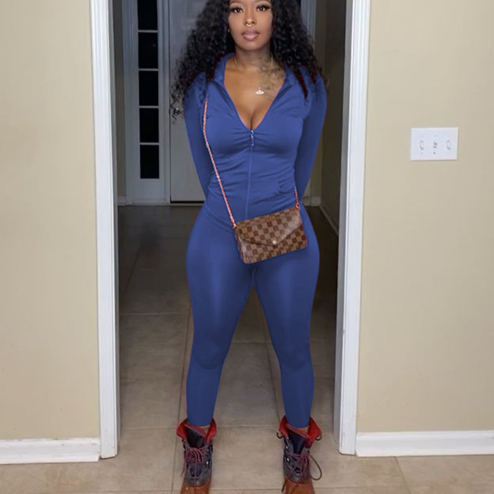 Women Casual Solid Long Sleeve Zip Top and Pant Two-Piece Set 13