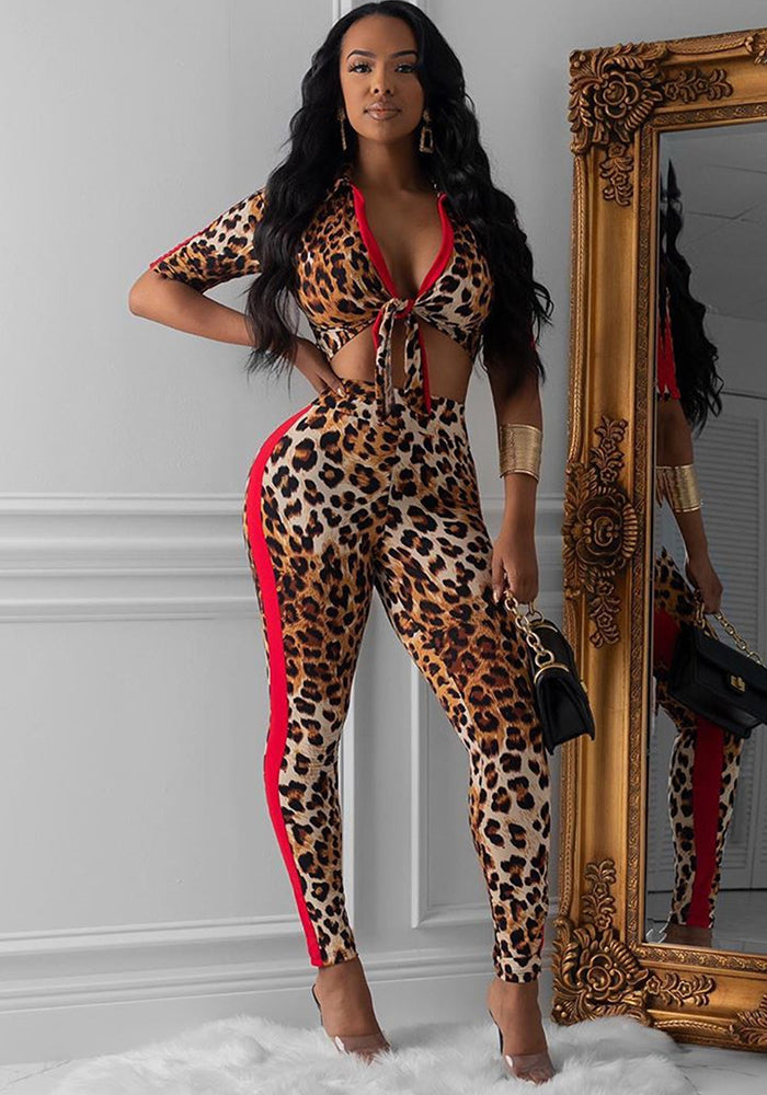 Women Sexy Leopard Color-blocking Top and Pants Two-piece Set