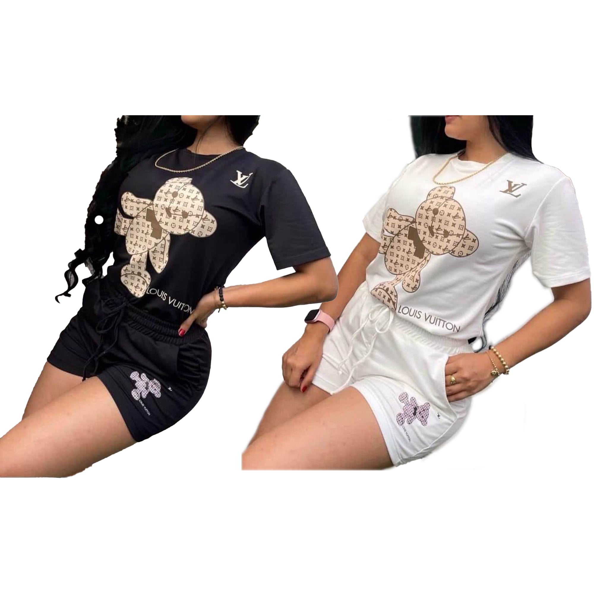 Bear Printed Short Sleeve Two Piece Shorts Set 4