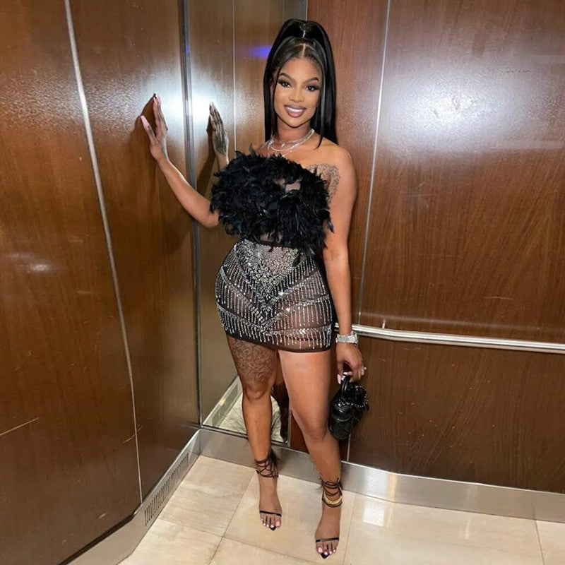 See-Through Slim Feather Beaded Sleeveless Strapless Bodycon Dress 5