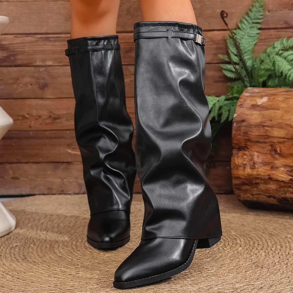 Pleated Heeled Boots Autumn Chunky Heel Knee-High Boots 6