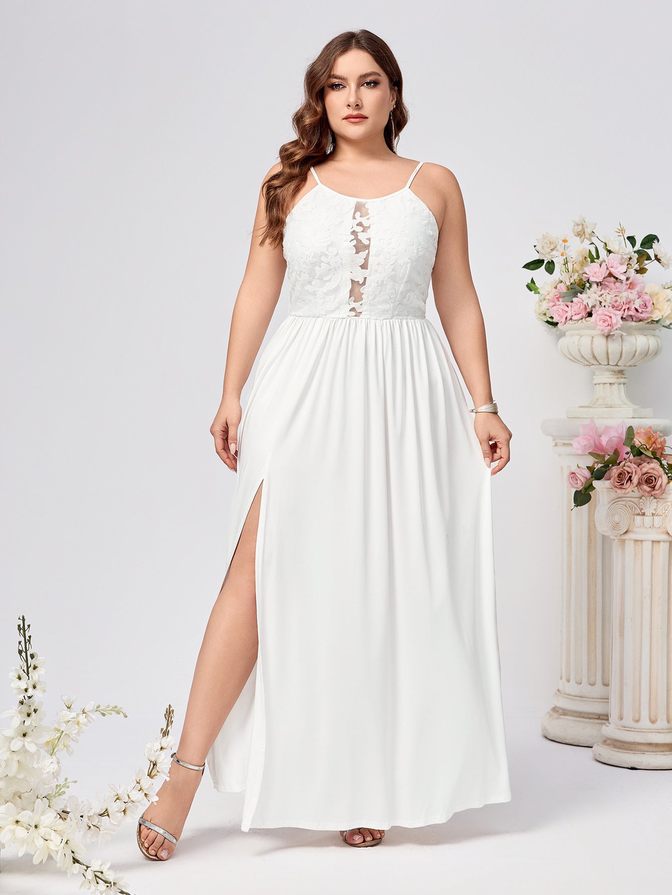 Plus Size Women Suspender Backless Solid Slit Hollow Sexy Dress 3