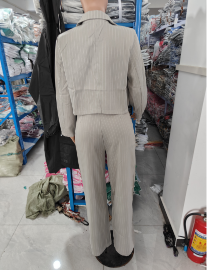 Women Casual Striped Turndown Collar Crop Blazer Straight Leg Pants Two-Piece Set 7