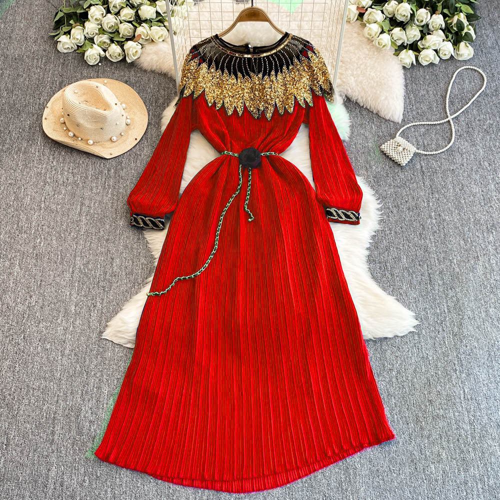 Luxury Sequin Cape Patch Slim Waist Pleated Loose Long Dress 19