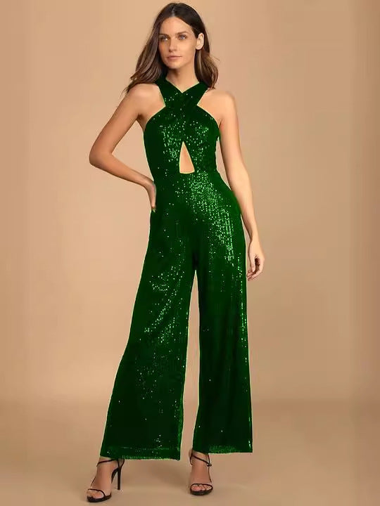 Women's Cross Strap Sequin Sexy Party Jumpsuit 9