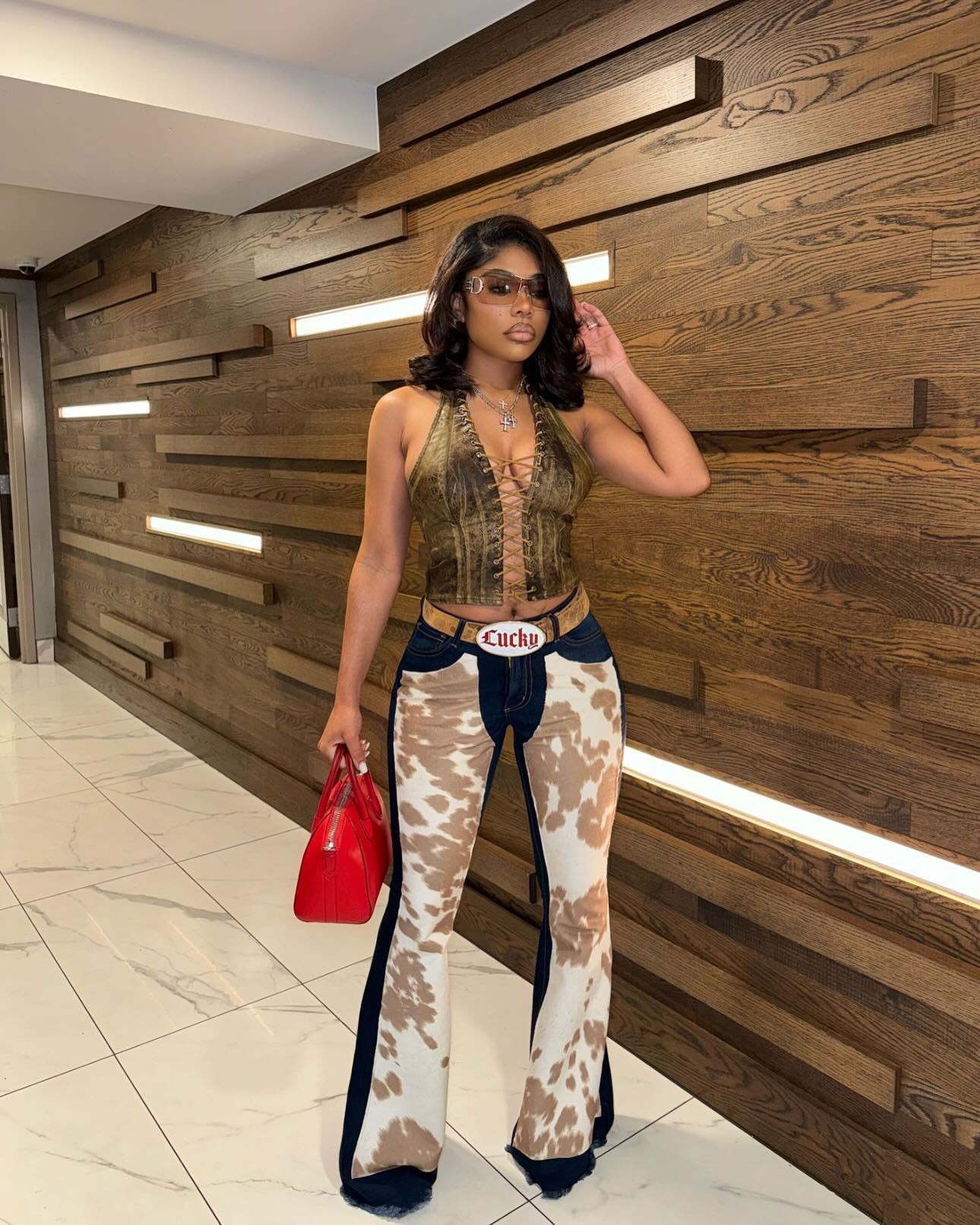 Printed Denim Trousers Fashionable Patchwork Bell Bottom Pants 4