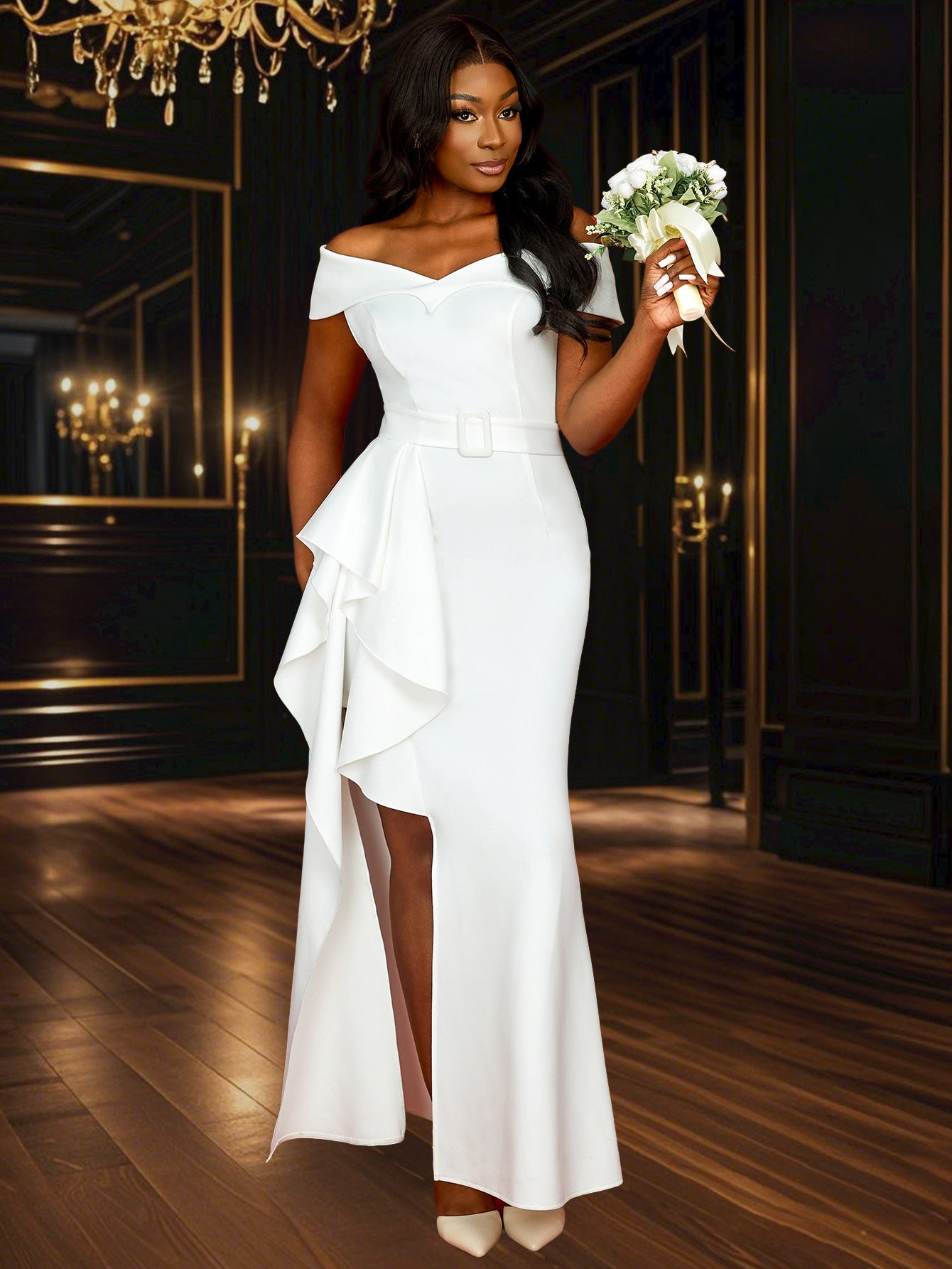 Sexy V-Neck Off-Shoulder Ruffle Slim Elegant Bridesmaid Dress 9