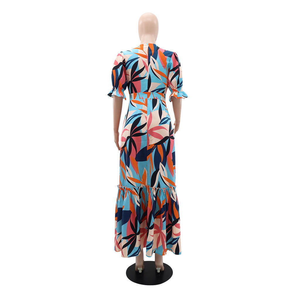 Women's Printed Puff Sleeve V-Neck Ruffle Long Dress 5