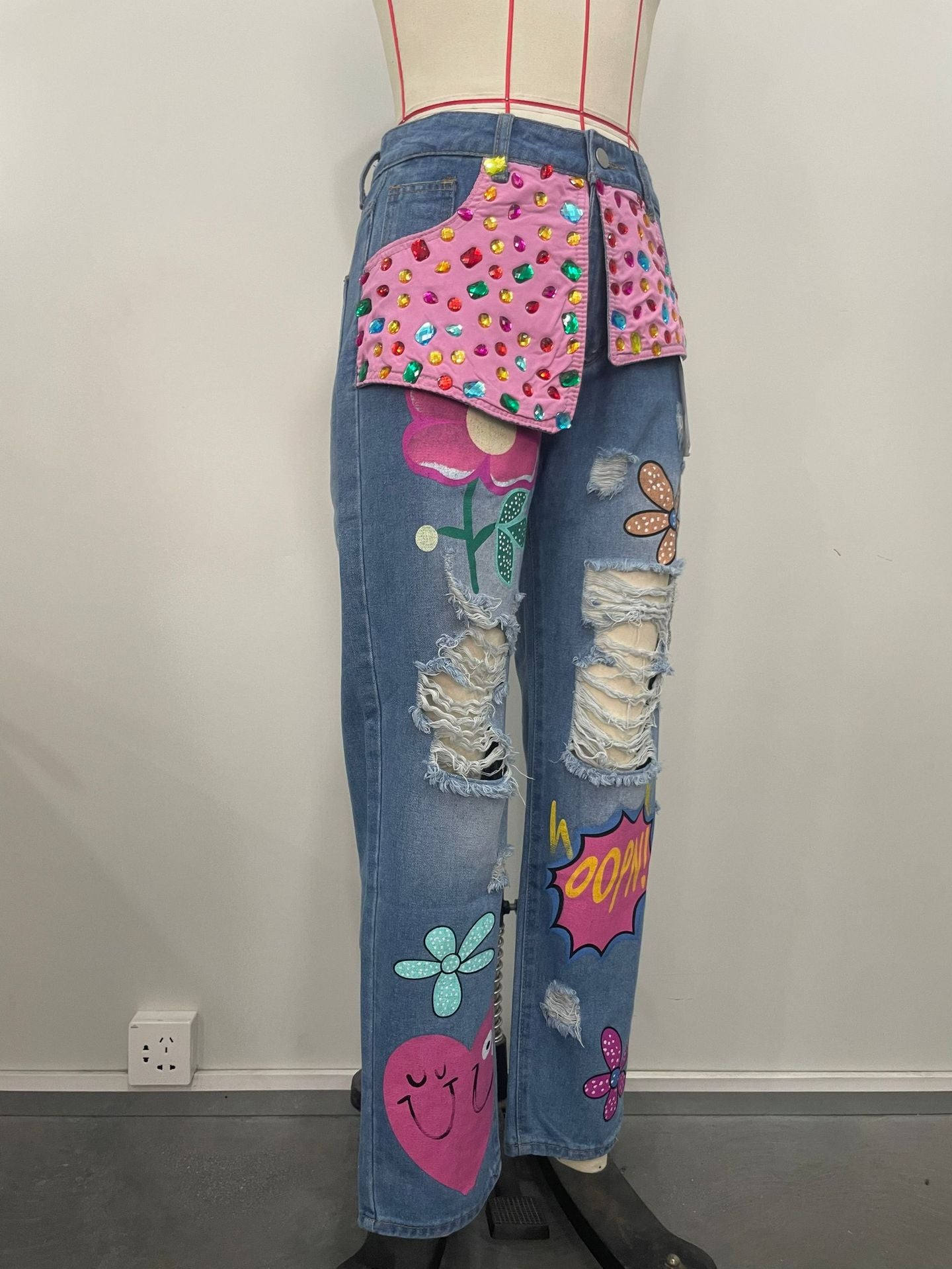Fashion Beaded Print Cut Denim Pants 7