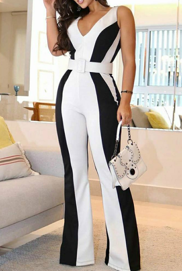 Elegant Black And White Contrast Color V-Neck Sleeveless Slim Women Jumpsuit (Without Belt)