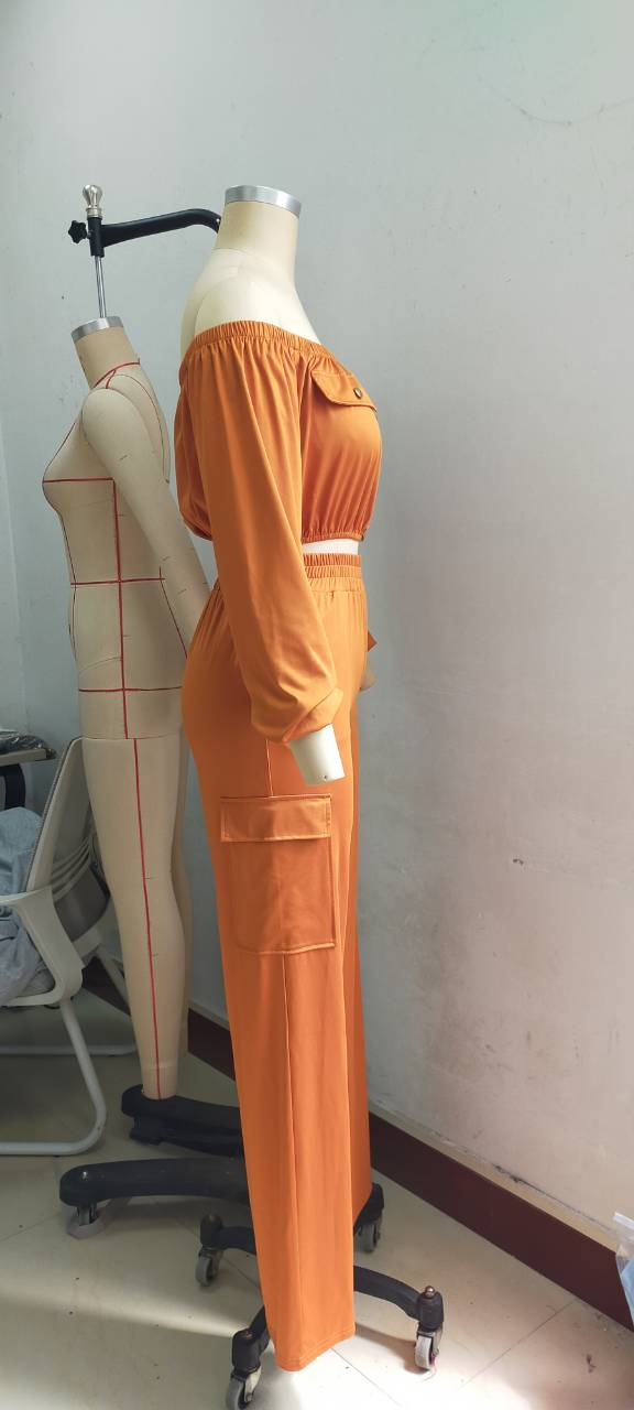 Women Solid Sexy Off Shoulder Long-sleeved Top and Wide-leg Pants Two-piece Set 13