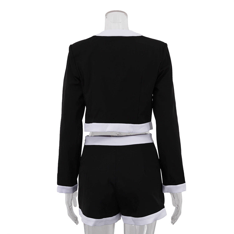Women Black and White Contrast Patchwork Long Sleeve Top Shorts Two-Piece Set 6