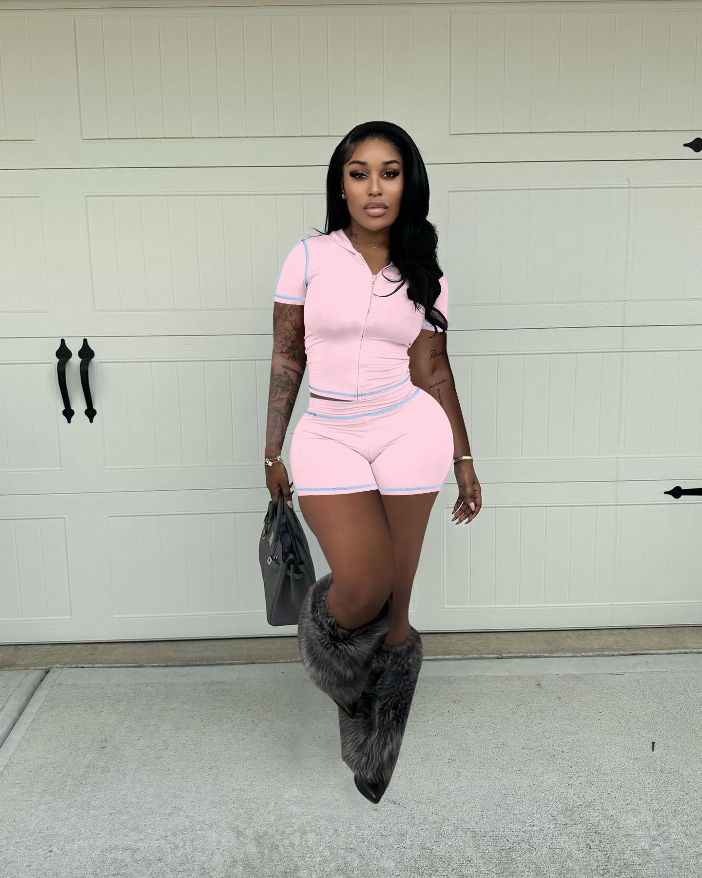 Summer Zipper Hooded High Stretch Sports Casual Short Sleeve Two Piece Shorts Set 6