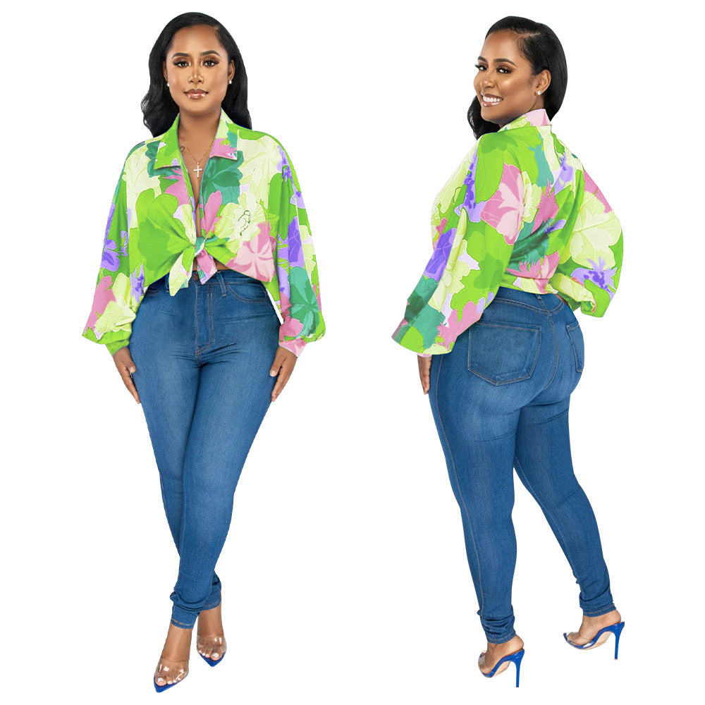 Women's Bat Sleeves Top Turndown Collar Print Shirt 5