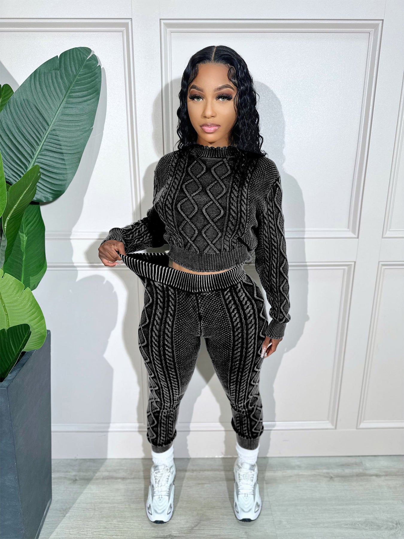 Women vintage style knitted twist sweater set 3