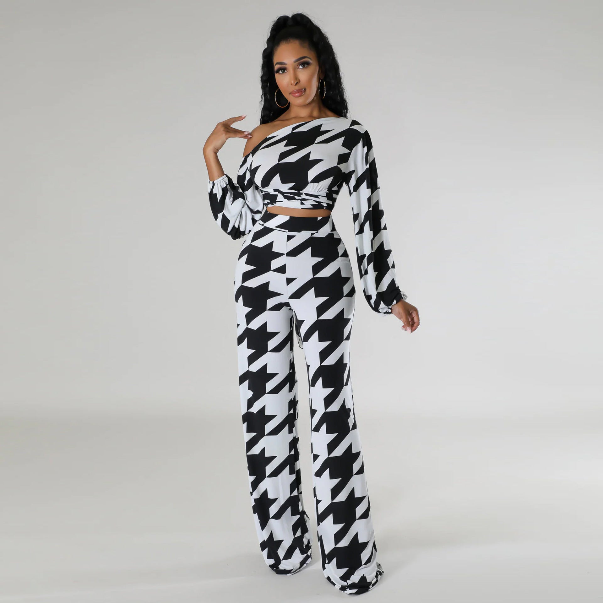 Women Printed Plaid Lace-Up Slash Shoulder Top and Pant Two-piece Set 4