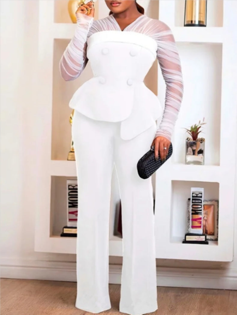 Women's See-Through Long Sleeve Slim Waist Jacket Casual Wide Leg Pants Fashion Suit 6