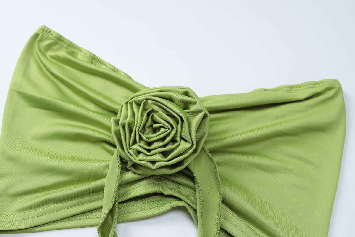 Women's Summer Fashion Sexy Strapless Slim Flower Pleated Split Tie Two Piece Skirt Set 18