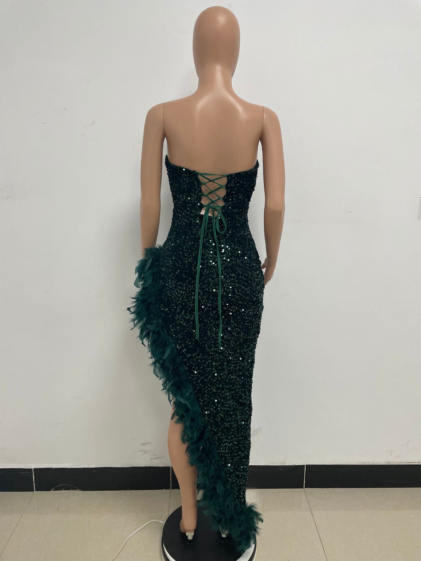 Women Sexy Off Shoulder Backless Sequin Feather Dress 26