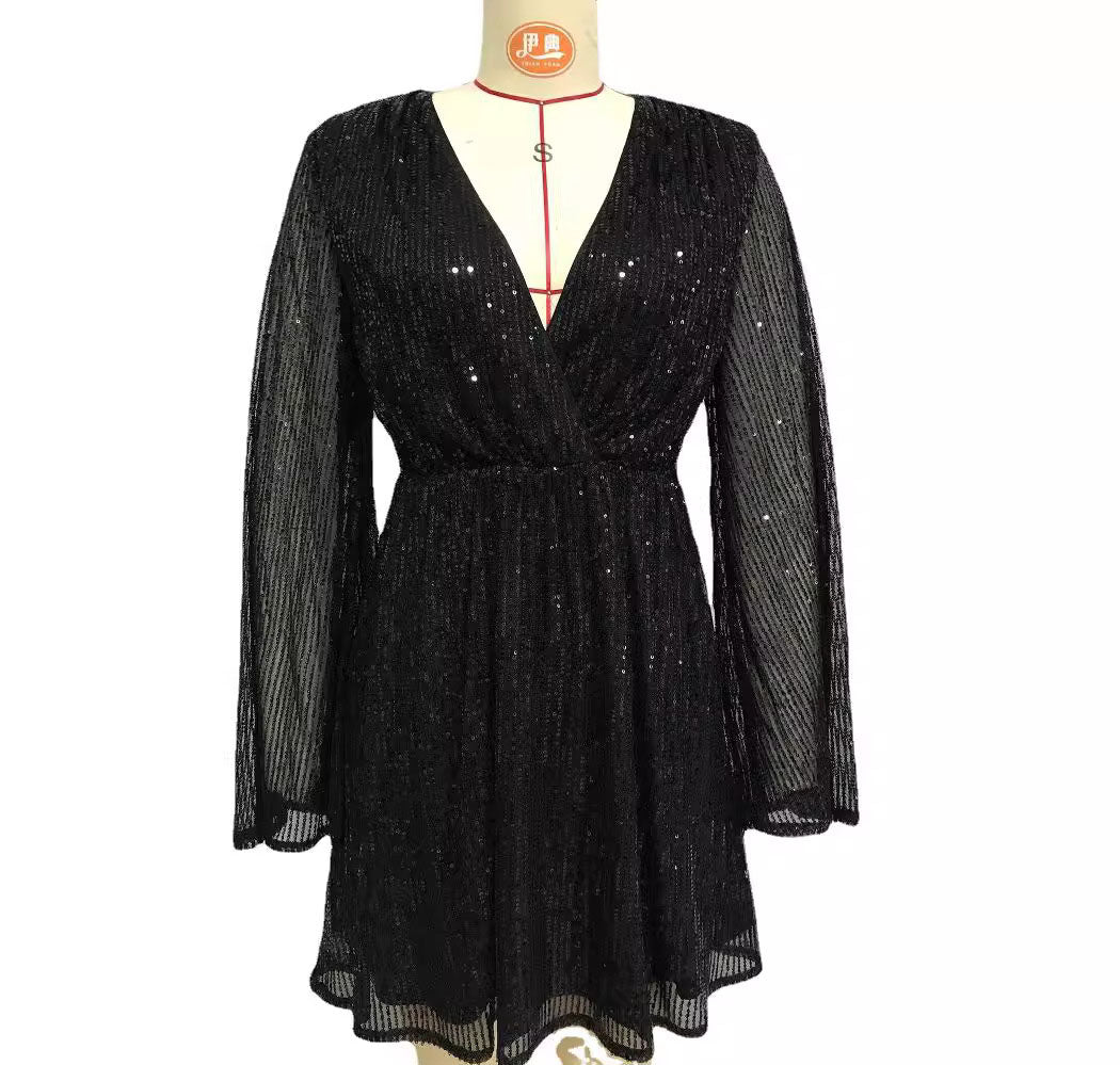 Women's Fashion Deep V Neck Loose Long Sleeve Sequin Dress 10