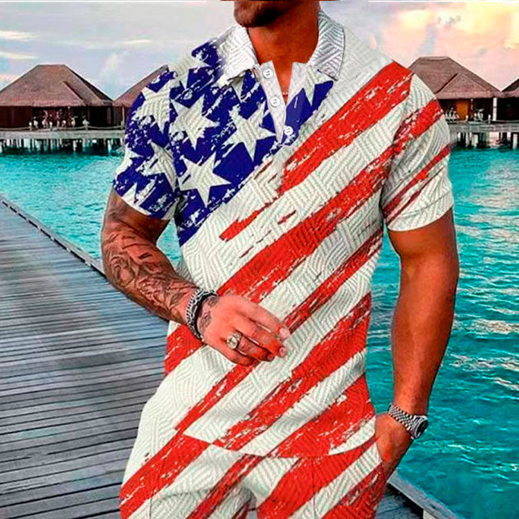 Men's Summer Fashion Casual 3D Printed Polo Shirt Turndown Collar Casual Short Sleeve 44