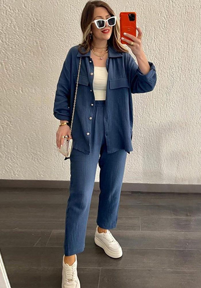 Plus Size Women's Double Crepe Oversized Turndown Collar Long Sleeve Set 7